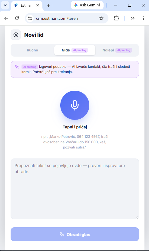 Estinari mobilni režim – unos novog leada glasom, dugme mikrofona i polje za prepoznati tekst