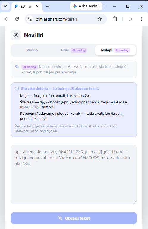 Estinari mobilni režim – unos novog leada lepljenjem teksta, AI izvlači kontakt, potrebe klijenta i sledeći korak