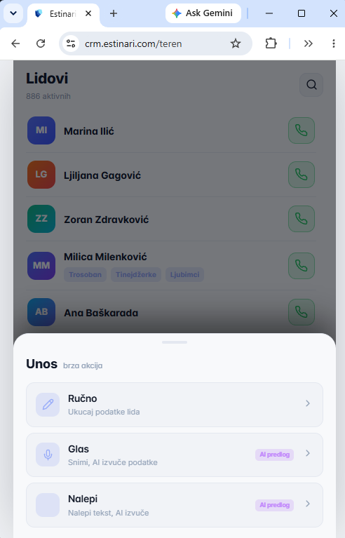 Estinari – brza akcija Unos sa tri opcije: ručno, glas i nalepi