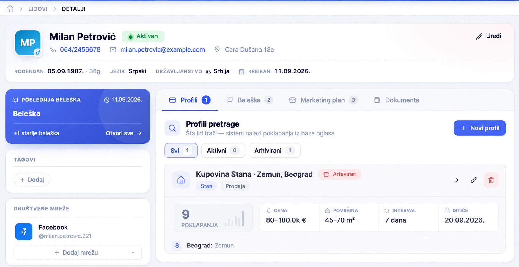 Estinari CRM – dosije leada sa poslednjom beleškom, tagovima, društvenim mrežama i profilom pretrage sa 9 poklapanja