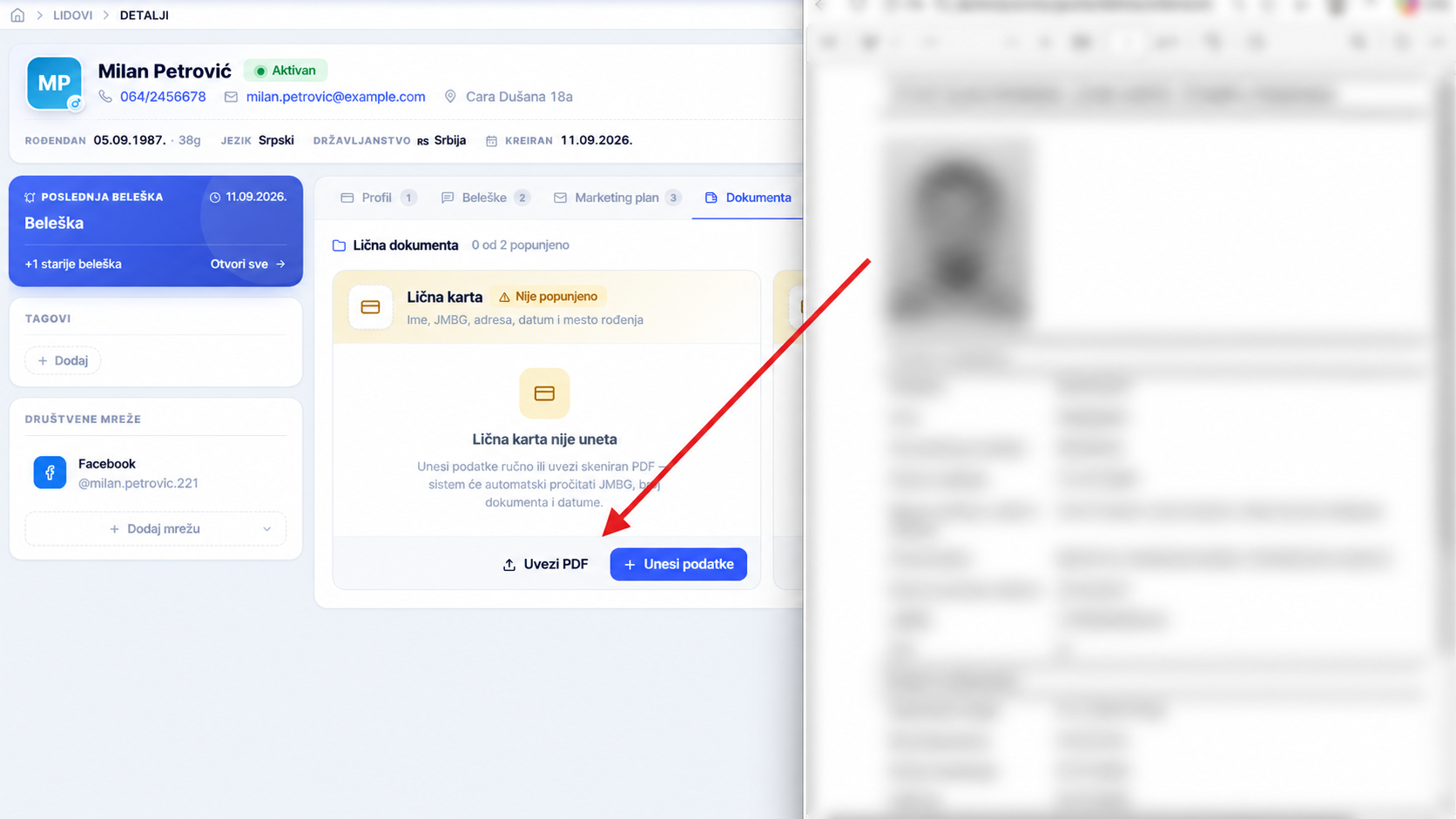 Estinari CRM – lična dokumenta u dosijeu leada, uvoz lične karte iz PDF-a jednim klikom