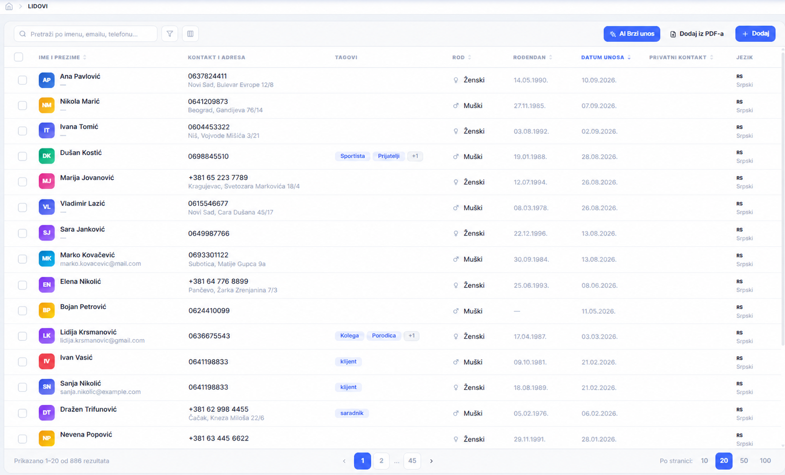 Estinari CRM – lista leadova sa pretragom, filterima, tagovima i dugmadima za AI brzi unos i unos iz PDF-a