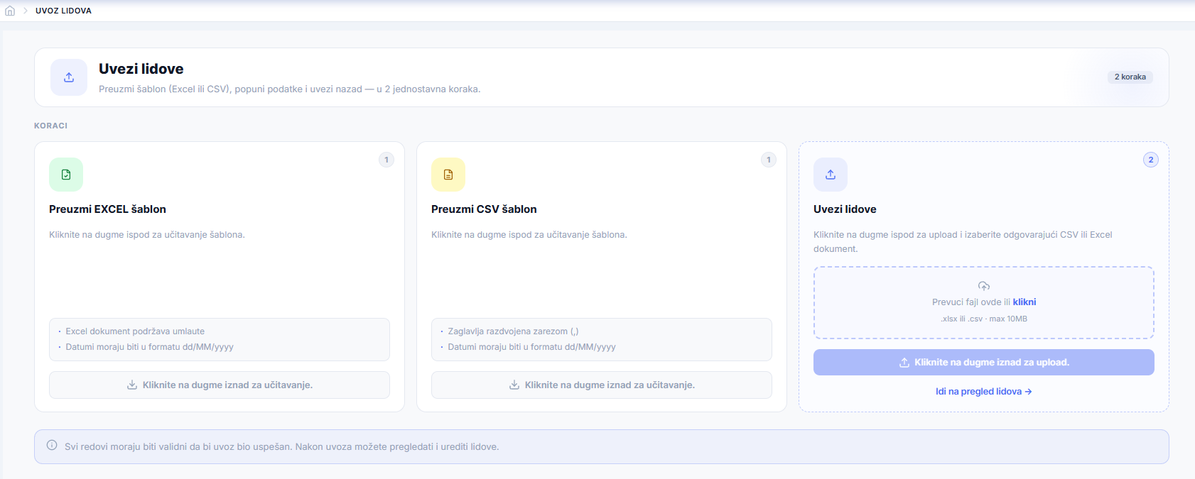 Estinari CRM – uvoz leadova u dva koraka: preuzimanje Excel ili CSV šablona i upload popunjenog fajla